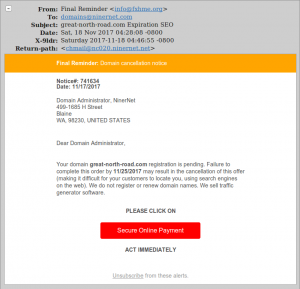 Domain cancellation notice scam.