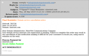 Domain service cancellation scam.