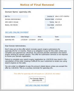 Notice of final renewal domain scam.