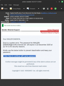 Phishing scam email, 2025-12-18.